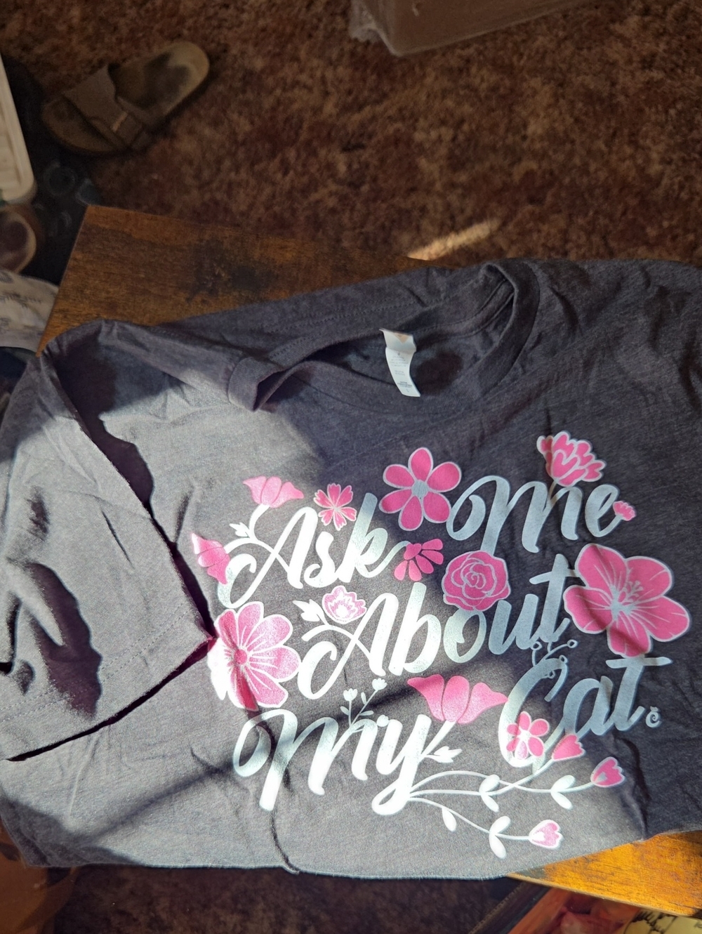 Ask Me About My Cat Graphic Tee - Pink Floral on Charcoal